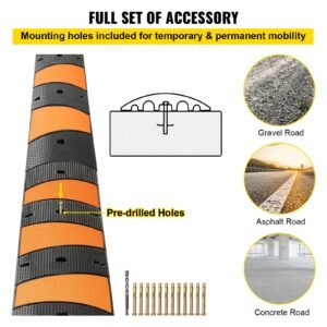 rubber speed control hump, dual channel, 2 units, 72.8" length, supports up to 22000 lbs, dimensions 72.8 x 12.2 x 2.2, suitable for asphalt, concrete, and gravel surfaces 6 feet