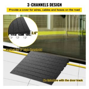 rubber threshold ramp, 2.6" rise threshold ramp doorway, 3 channels cord cover rubber solid threshold ramp, rubber angled entry rated 2202 lbs load capacity for wheelchair and scooter