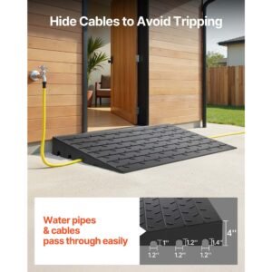 rubber threshold ramp, 4" rise threshold ramp doorway, 3 channels cord cover rubber solid threshold ramp, rubber angled entry rated 2200 lbs load capacity for wheelchair and scooter