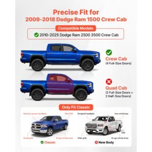 running boards, 6 inches side steps compatible with 2009 2018 dodge ram 1500 crew cab, 2010 2025 dodge ram 2500 3500 crew cab(not fit 2019 2025 ram 1500 new body), 550 lbs load capacity