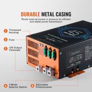 rv converter, 45 amp, 110v ac to 12v dc rv power converter battery charger with 4 stage smart charging 13v to 16.5v adjustable operating range, compatible with lithium lead acid battery, etl