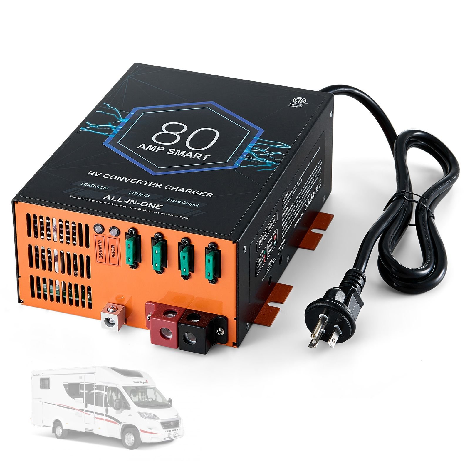 rv converter, 80 amp, 110v ac to 12v dc rv power converter battery charger with 4 stage smart charging 13v to 16.5v adjustable operating range, compatible with lithium lead acid battery, etl