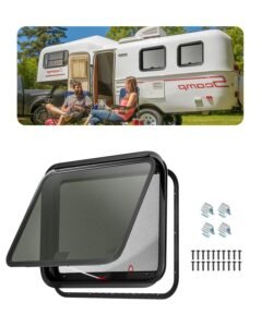 RV Exit Window, 30" W x 22" H Tinted RV Window with Net Screen and Trim Ring, Fit for 1 1/4" - 1 13/16" Thickness Wall, RV Window Replacement for Teardrop Cargo Trailer Camper, DOT Approved