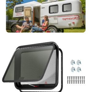 rv exit window, 30" w x 22" h tinted rv window with net screen and trim ring, fit for 1 1/4" 1 13/16" thickness wall, rv window replacement for teardrop cargo trailer camper, dot approved