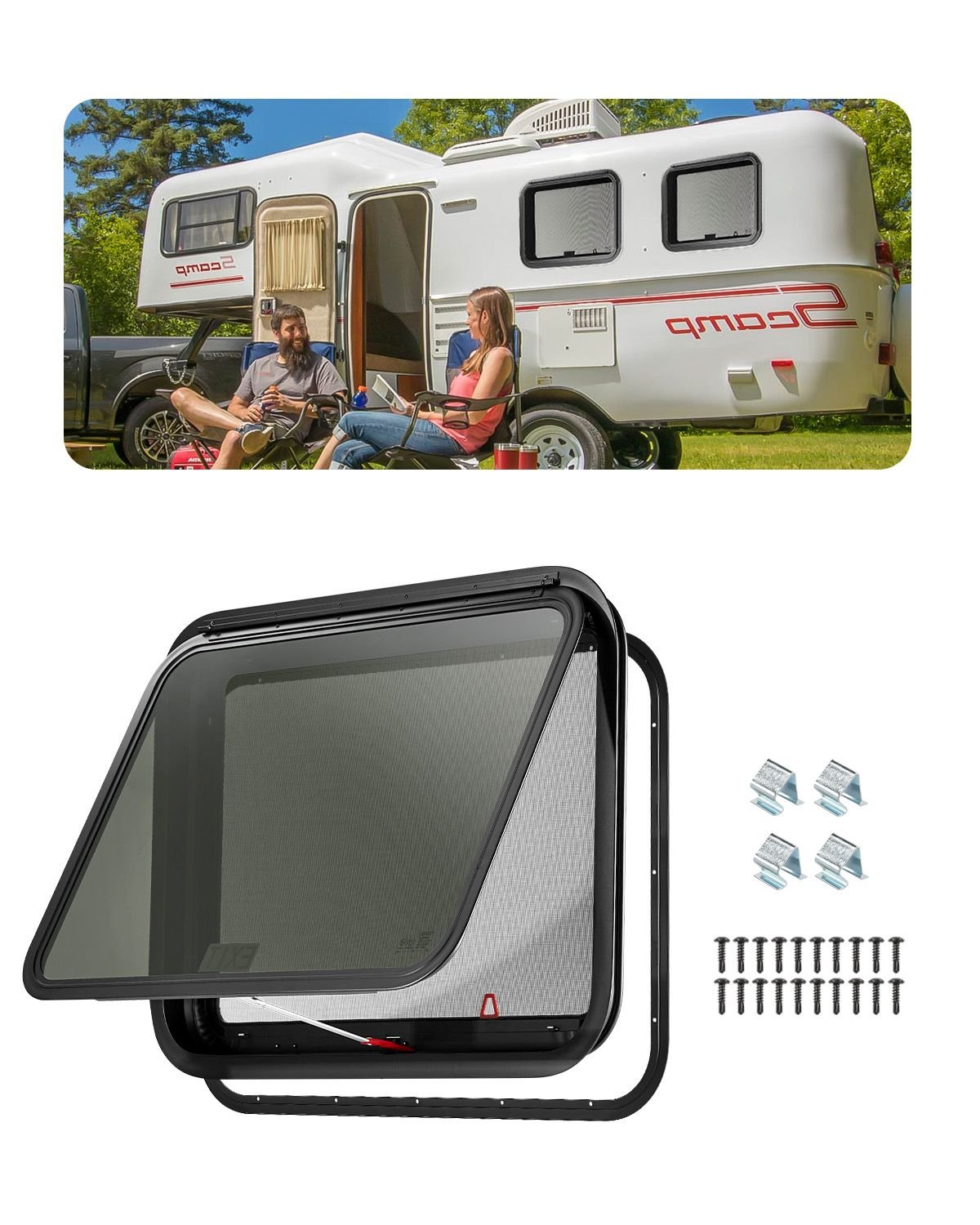 rv exit window, 30" w x 22" h tinted rv window with net screen and trim ring, fit for 1 1/4" 1 13/16" thickness wall, rv window replacement for teardrop cargo trailer camper, dot approved