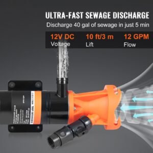 rv portable macerator pump, 12v, 12gmp quick release rv waste pump, rv sewage sewer pump with detachable quick connection valve metal hose clamp power cord, for rv boat marine motorhome camper