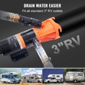 rv portable macerator pump, 12v, 12gmp quick release rv waste pump, rv sewage sewer pump with detachable quick connection valve metal hose clamp power cord, for rv boat marine motorhome camper