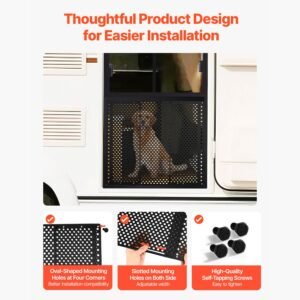 RV Screen Door Protector, Adjusts from 22 to 31.5 inch, Adjustable Door Grille, Easy to Install, Reinforced Breathable Honeycomb Holes, Iron Camper RV Entry Protector for Pet Protection, Black
