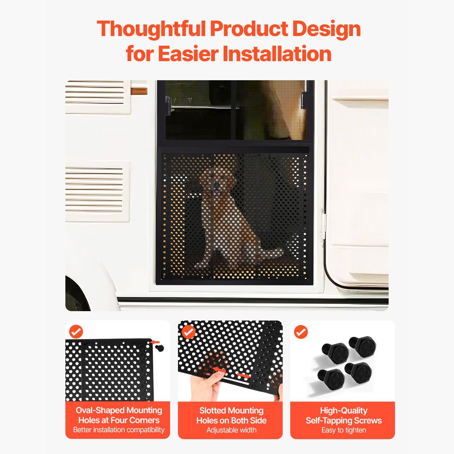 rv screen door protector, adjusts from 22 to 31.5 inch, adjustable door grille, easy to install, reinforced breathable honeycomb holes, iron camper rv entry protector for pet protection, black