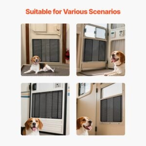 rv screen door protector, adjusts from 22 to 31.5 inch, adjustable door grille, easy to install, reinforced breathable honeycomb holes, iron camper rv entry protector for pet protection, black