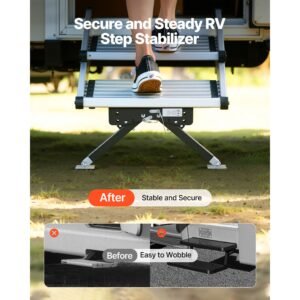 rv step stabilizer, height adjustable step stabilizer kit, camper stair stabilizers with powder coated steel for 5th wheels, travel trailers and motorhomes, adjustable from 3 inch to 15 inch