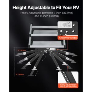 rv step stabilizer, height adjustable step stabilizer kit, camper stair stabilizers with powder coated steel for 5th wheels, travel trailers and motorhomes, adjustable from 3 inch to 15 inch