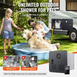 rv tankless water heater, instant shower with 15 x 15 inches black door and remote controller, 42000btu optimized comfort performance hot water, ideal for rvers' family everyday use, black