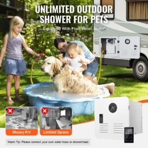 rv tankless water heater, instant shower with 15 x 15 inches white door and remote controller, 65000btu optimized comfort performance hot water, ideal for rvers' family everyday use