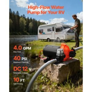 rv water pump, 12v dc 4 gpm (15.1 l/min), 3 chamber self priming diaphragm water pump with automatic pressure switch, 40 psi max pressure, on demand for rv, caravan, marine, yacht, car washing