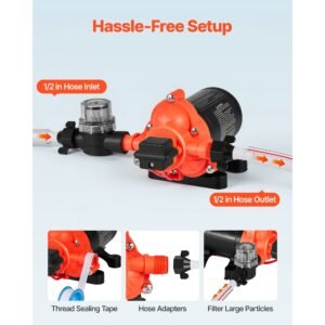 rv water pump, 12v dc 4 gpm (15.1 l/min), 3 chamber self priming diaphragm water pump with automatic pressure switch, 40 psi max pressure, on demand for rv, caravan, marine, yacht, car washing