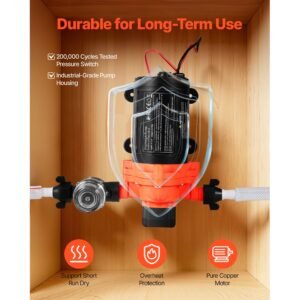 rv water pump, 12v dc 4 gpm (15.1 l/min), 3 chamber self priming diaphragm water pump with automatic pressure switch, 40 psi max pressure, on demand for rv, caravan, marine, yacht, car washing