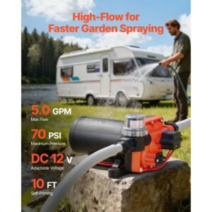 rv water pump, 12v dc 5 gpm (18.9 l/min), 4 chamber self priming diaphragm water pump with automatic pressure switch, 70 psi max pressure, on demand for rv, caravan, marine, yacht, car washing