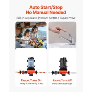rv water pump, 12v dc 5 gpm (18.9 l/min), 4 chamber self priming diaphragm water pump with automatic pressure switch, 70 psi max pressure, on demand for rv, caravan, marine, yacht, car washing
