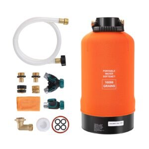 rv water softener, 16,000 grain portable water softener, with 3/4" brass fittings and 42" hose, soften hard water filter system for rvs, trailers, boats, mobile car washing, pressure washing