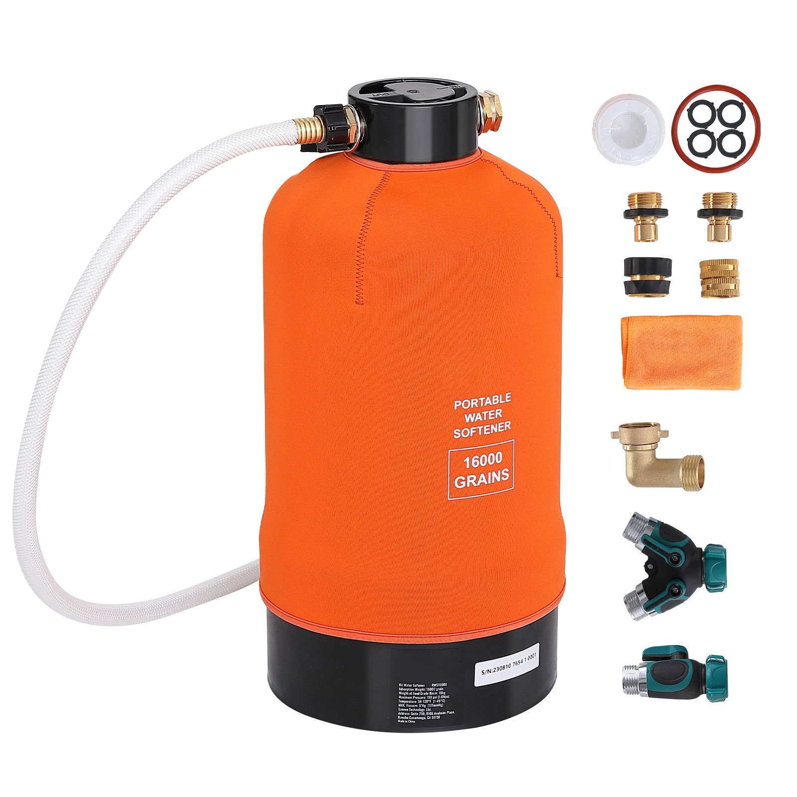 rv water softener, 16,000 grain portable water softener, with 3/4" brass fittings and 42" hose, soften hard water filter system for rvs, trailers, boats, mobile car washing, pressure washing