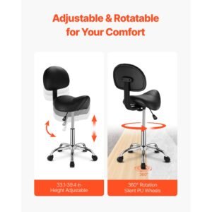 saddle stool with back support and wheels, 450 lbs weight capacity ergonomic rolling stool, height adjustable thickened pu leather swivel saddle chair for salon, spa, massage, tattoo, black