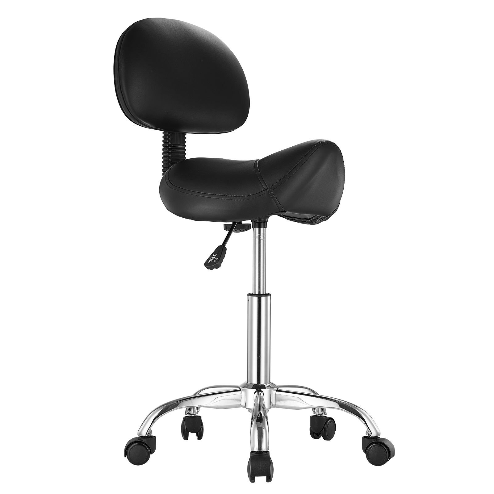 saddle stool with back support and wheels, 450 lbs weight capacity ergonomic rolling stool, height adjustable thickened pu leather swivel saddle chair for salon, spa, massage, tattoo, black