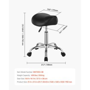 saddle stool with wheels, 450 lbs weight capacity ergonomic rolling stool, height adjustable thickened pu leather swivel saddle chair for salon, spa, massage, tattoo, clinic, black