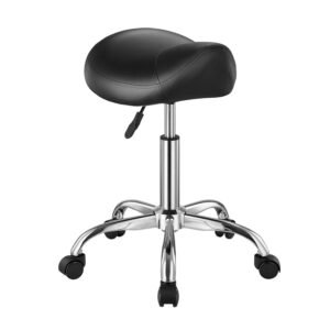 saddle stool with wheels, 450 lbs weight capacity ergonomic rolling stool, height adjustable thickened pu leather swivel saddle chair for salon, spa, massage, tattoo, clinic, black
