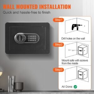 safe, 0.5 cubic feet home safe, steel security safe with digital keypad and 2 keys, wall mounted cabinet safe protect cash, gold, jewelry, documents for home, hotel, 13.8 x 9.8 x 9.8 inches
