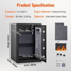 safe, 2.2 cubic feet home safe, steel security safe with fingerprint, digital keypad and 2 keys, cabinet safe with large fire proof bag, protect cash, gold, jewelry, documents, 15.8x13x23.6 inch