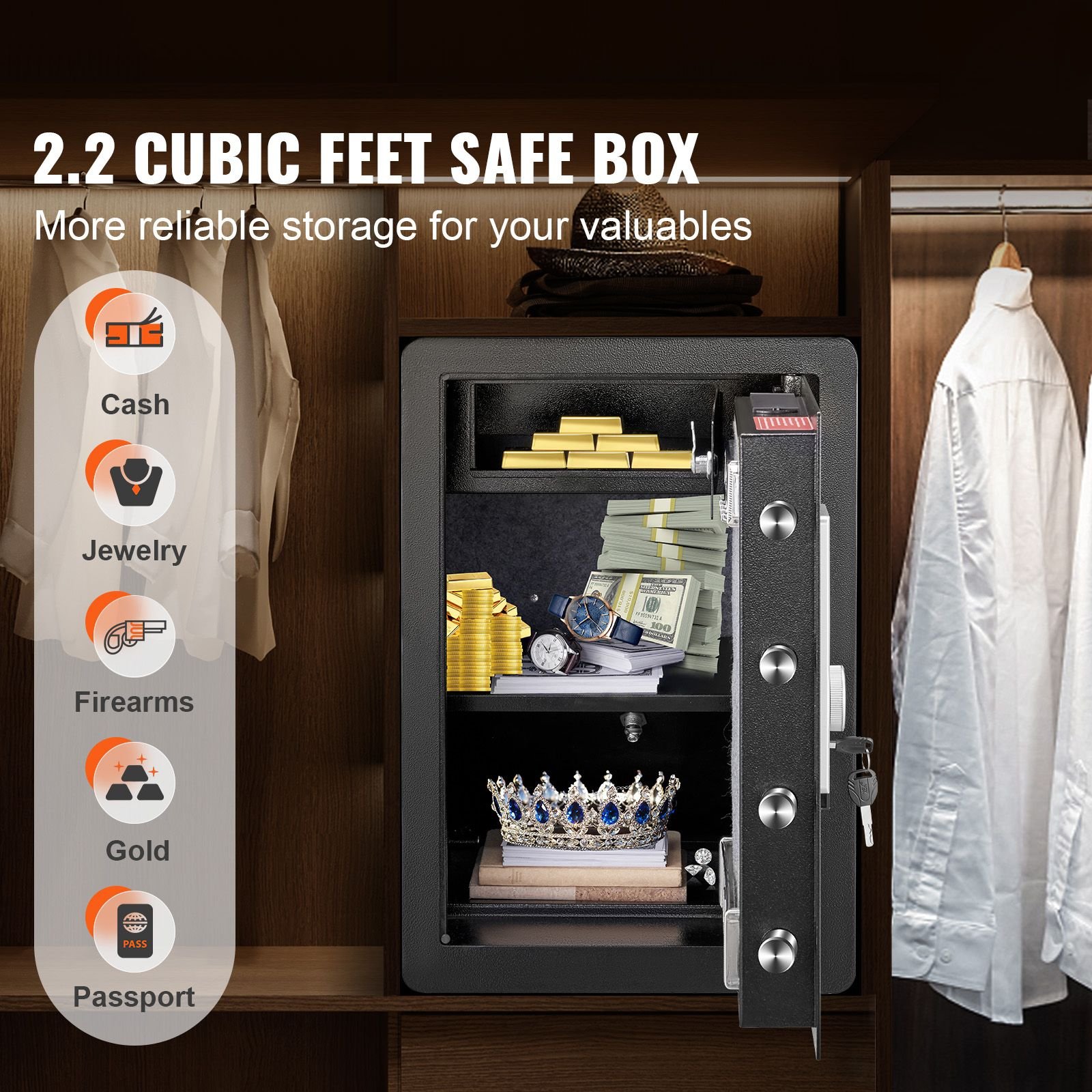 safe, 2.2 cubic feet home safe, steel security safe with fingerprint, digital keypad and 2 keys, cabinet safe with large fire proof bag, protect cash, gold, jewelry, documents, 15.8x13x23.6 inch
