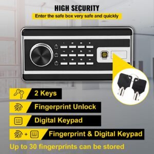 safe box, 0.8 cu.ft fingerprint safe box for money with 2 keys & digital keypad, q235 steel safe box for storing cash, jewelry, pistols, documents, watches in home & office & hotel