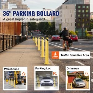 safety bollard, 36 inch height bollard post, 4.5 inch diameter steel pipe safety bollard post, yellow steel bollard, steel safety bollard with 8 anchor bolts, perfect for traffic sensitive area