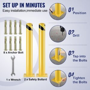safety bollard, 36 inch height bollard post, 4.5 inch diameter steel pipe safety bollard post, yellow steel bollard, steel safety bollard with 8 anchor bolts, perfect for traffic sensitive area