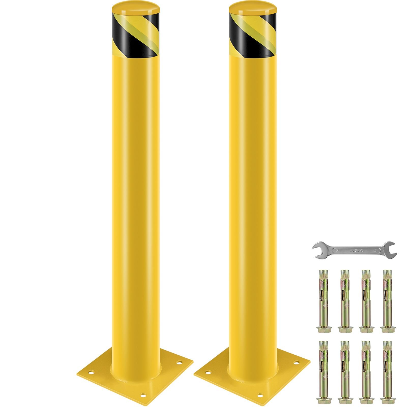 safety bollard, 36 inch height bollard post, 4.5 inch diameter steel pipe safety bollard post, yellow steel bollard, steel safety bollard with 8 anchor bolts, perfect for traffic sensitive area
