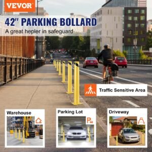 safety bollard, 42 inch height bollard post, 4.5 inch diameter steel pipe safety bollard post, yellow steel bollard, steel safety bollard with 8 anchor bolts, perfect for traffic sensitive area
