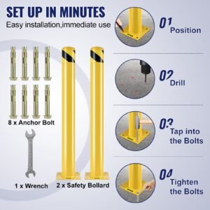 safety bollard, 42 inch height bollard post, 4.5 inch diameter steel pipe safety bollard post, yellow steel bollard, steel safety bollard with 8 anchor bolts, perfect for traffic sensitive area
