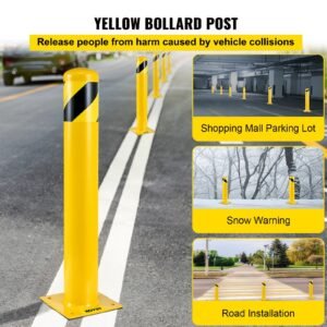 safety bollard, 42 inch height bollard post, 5.5 inch diameter steel pipe safety bollard post, yellow steel bollard, steel safety bollard with 8 anchor bolts, perfect for traffic sensitive area