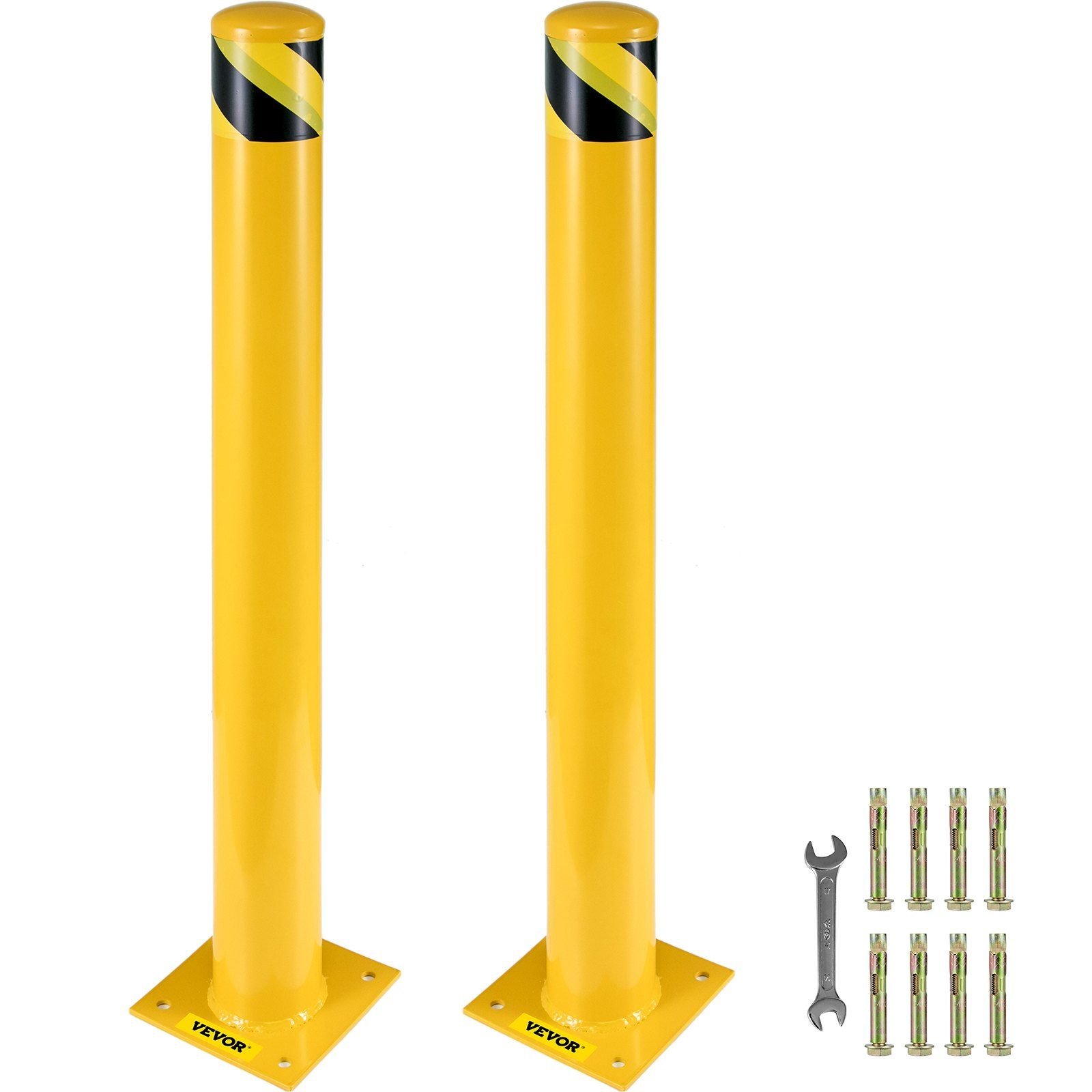 safety bollard, 42 inch height bollard post, 5.5 inch diameter steel pipe safety bollard post, yellow steel bollard, steel safety bollard with 8 anchor bolts, perfect for traffic sensitive area