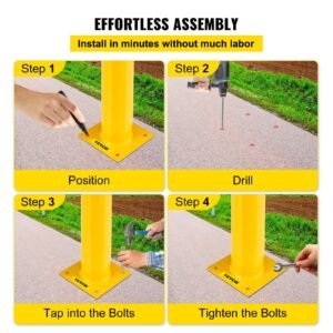 safety bollard, 48 inch height bollard post, 4.5 inch diameter steel pipe safety bollard post, yellow steel bollard, steel safety bollard with 8 anchor bolts, perfect for traffic sensitive area