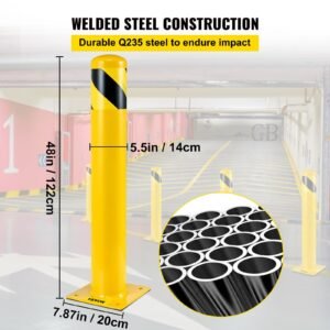 safety bollard, 48 inch height bollard post, 5.5 inch diameter steel pipe safety bollard post, yellow steel bollard, steel safety bollard with 8 anchor bolts, perfect for traffic sensitive area