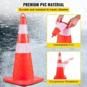 safety cones, 12 x 28" traffic cones, pvc orange construction cones, 2 reflective collars traffic cones with weighted base and hand held ring used for traffic control, driveway road parking