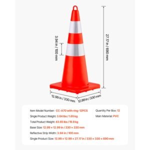 safety cones, 12 x 28" traffic cones, pvc orange construction cones, 2 reflective collars traffic cones with weighted base and hand held ring used for traffic control, driveway road parking
