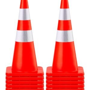 safety cones, 12 x 28" traffic cones, pvc orange construction cones, 2 reflective collars traffic cones with weighted base and hand held ring used for traffic control, driveway road parking