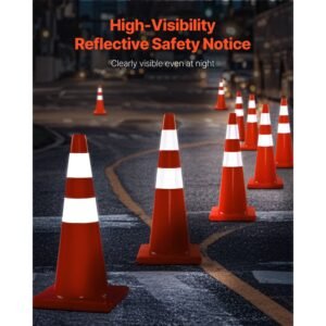safety cones, 28 in/73 cm height, 12 pcs pvc orange traffic cone with 2 reflective collars and weighted base, used for traffic control, driveway road parking and school improvement