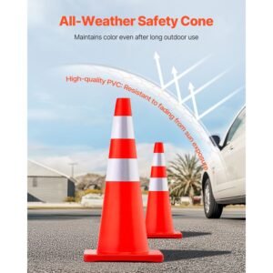 safety cones, 28 in/73 cm height, 12 pcs pvc orange traffic cone with 2 reflective collars and weighted base, used for traffic control, driveway road parking and school improvement