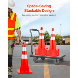 safety cones, 28 in/73 cm height, 12 pcs pvc orange traffic cone with 2 reflective collars and weighted base, used for traffic control, driveway road parking and school improvement