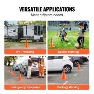 safety cones, 4 pack 28 inch collapsible traffic cones, construction cones with reflective collars, wide base and a storage bag, for traffic control, driving training, parking lots