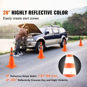 safety cones, 4 pack 28 inch collapsible traffic cones, construction cones with reflective collars, wide base and a storage bag, for traffic control, driving training, parking lots
